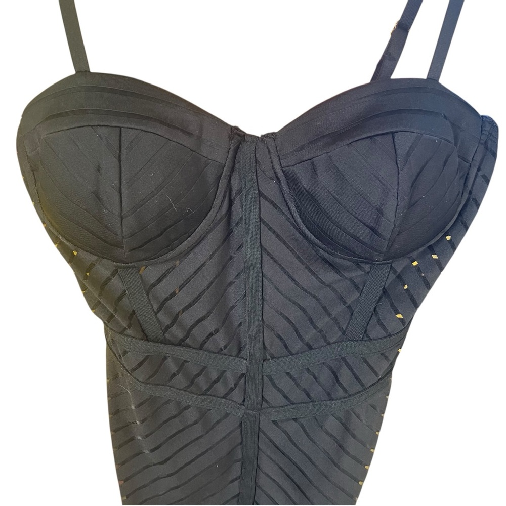 Iris Black Bustier Fit & Flare Dress Cutout Stripe Mesh Bodycon Spaghetti S